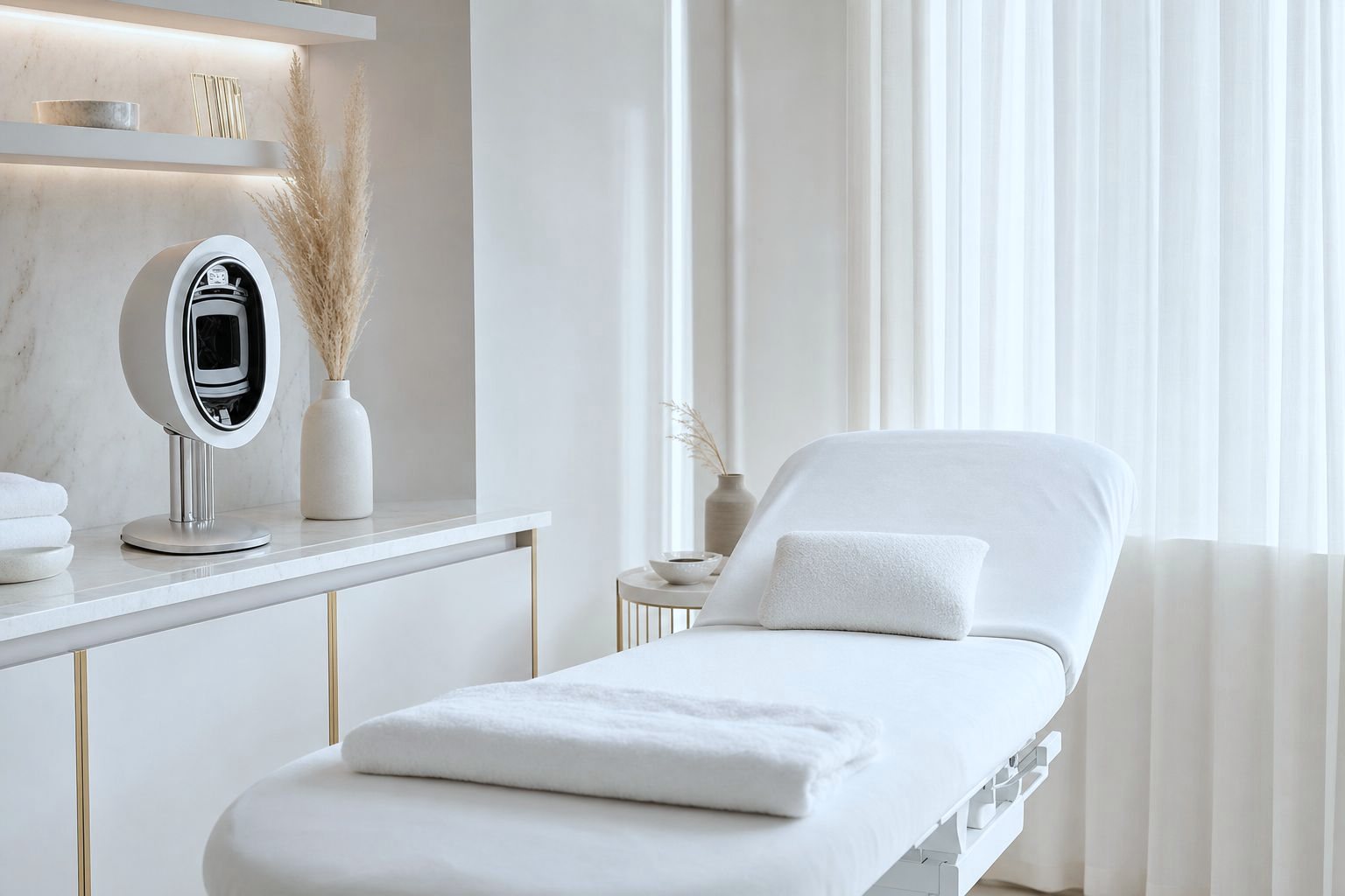 A bright aesthetic-medicine treatment room in white with a linen-covered couch and a skin-analysis device.